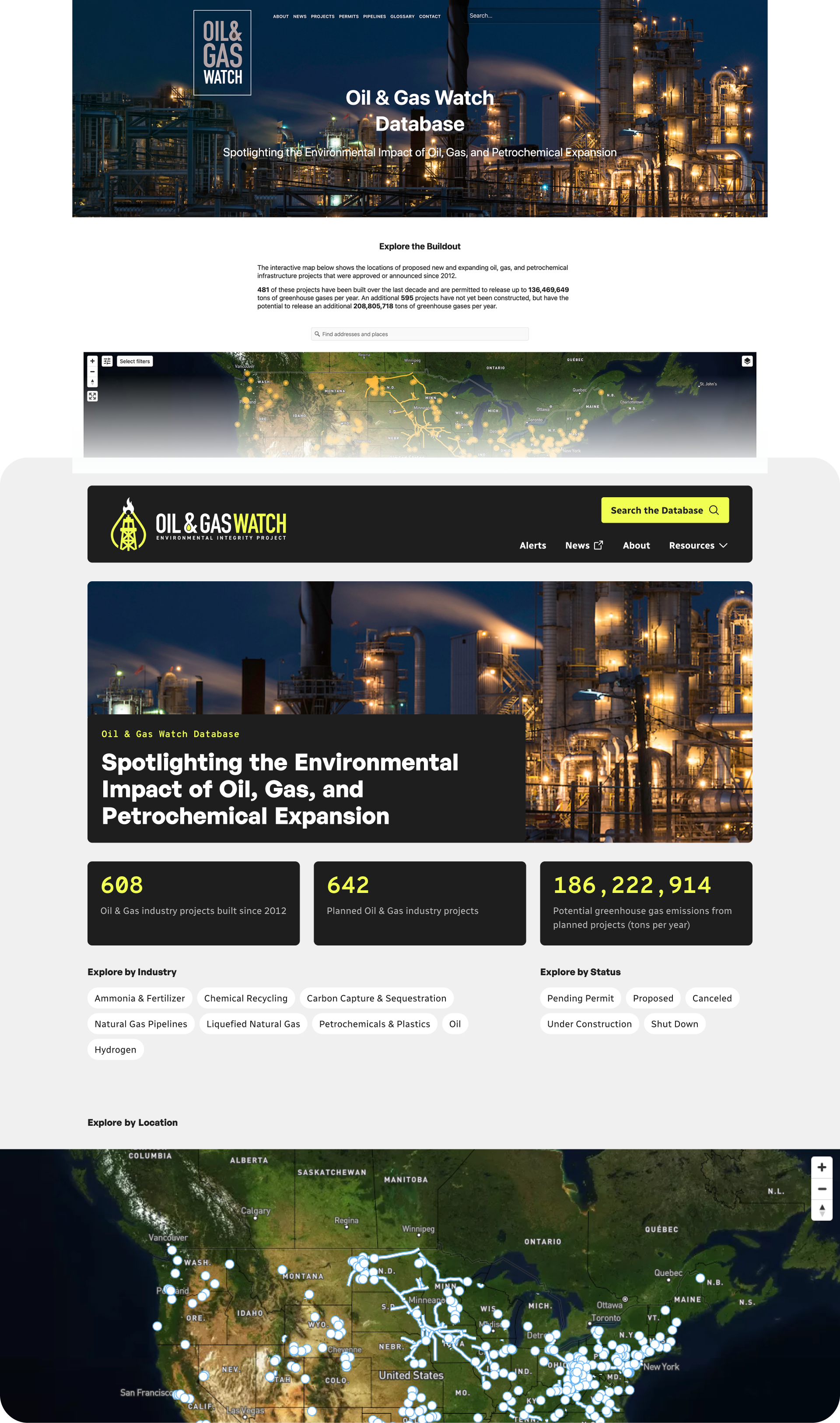 Before and after comparison of the Oil and Gas Watch homepage, showing the old white-theme layout above the redesigned dark-theme homepage with stat tiles and an interactive map.